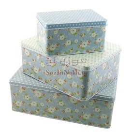 جعبه فلزی مستطیل سه تایی آبی گل ریز _ کد 624