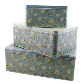 جعبه فلزی مستطیل سه تایی آبی گل ریز _ کد 624