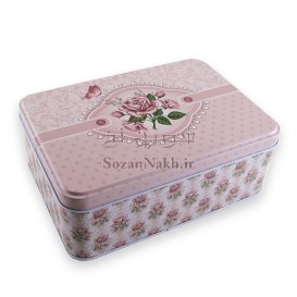 جعبه فلزی مستطیل  گل رز و پروانه صورتی _ کد 640